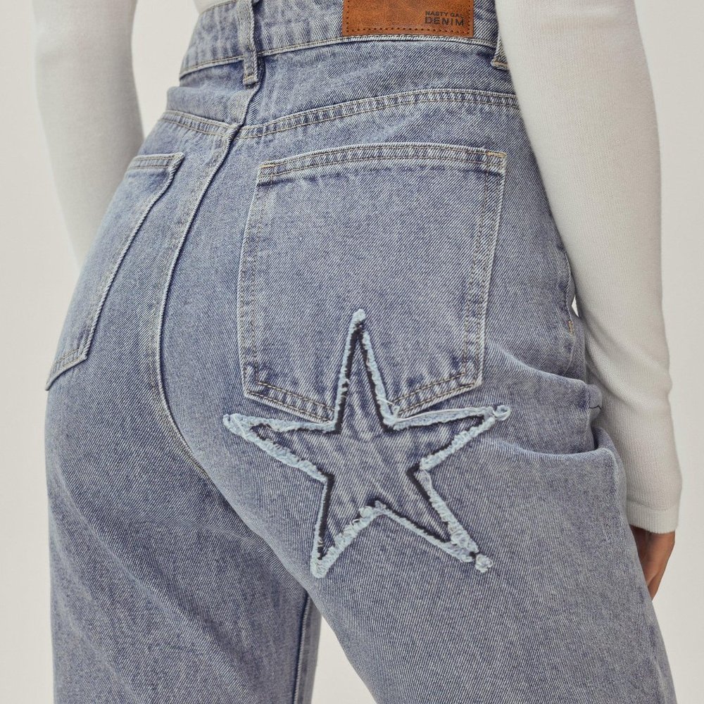 Nasty Gal Star Applique High Waisted Flared Jeans Size 8